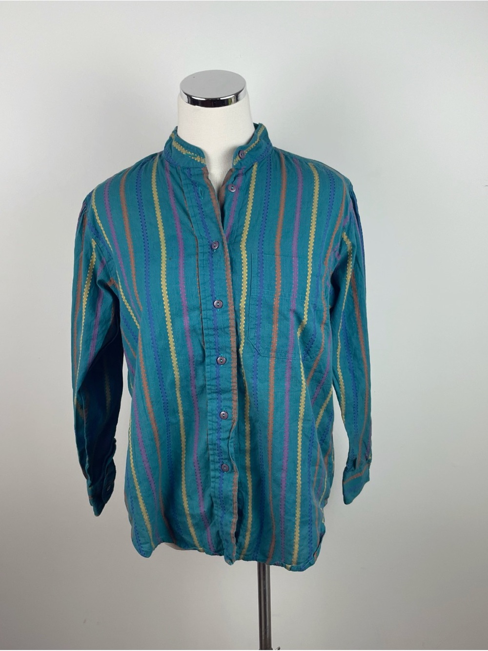 L.L. Bean Green Yellow Pink Orange Stripe Vintage Button Down Shirt Top Women